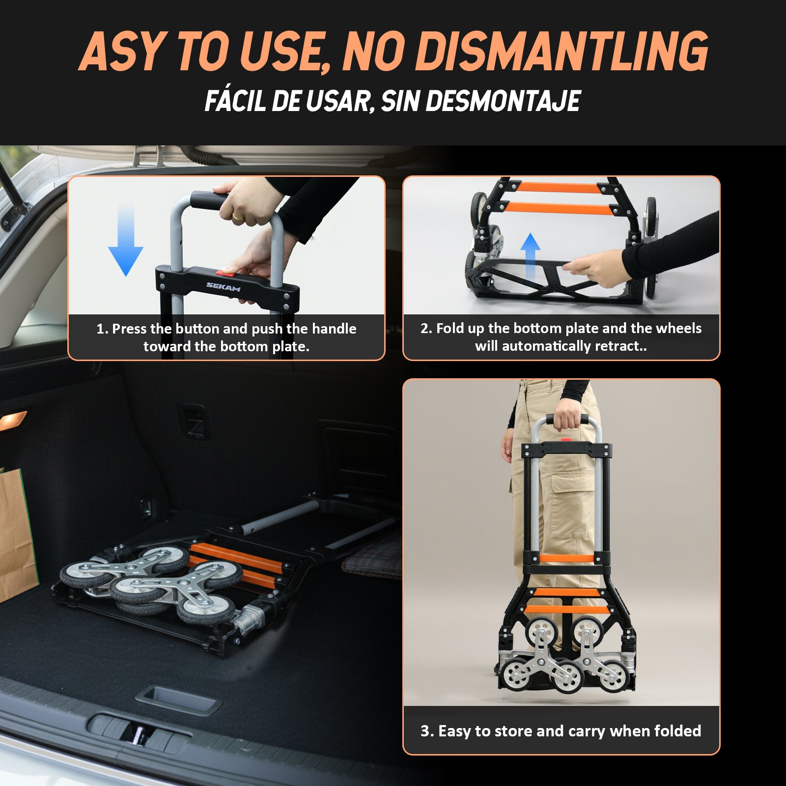 Foldable 6-wheel Stair Climbing Dolly | Black & Orange | Sekamtools