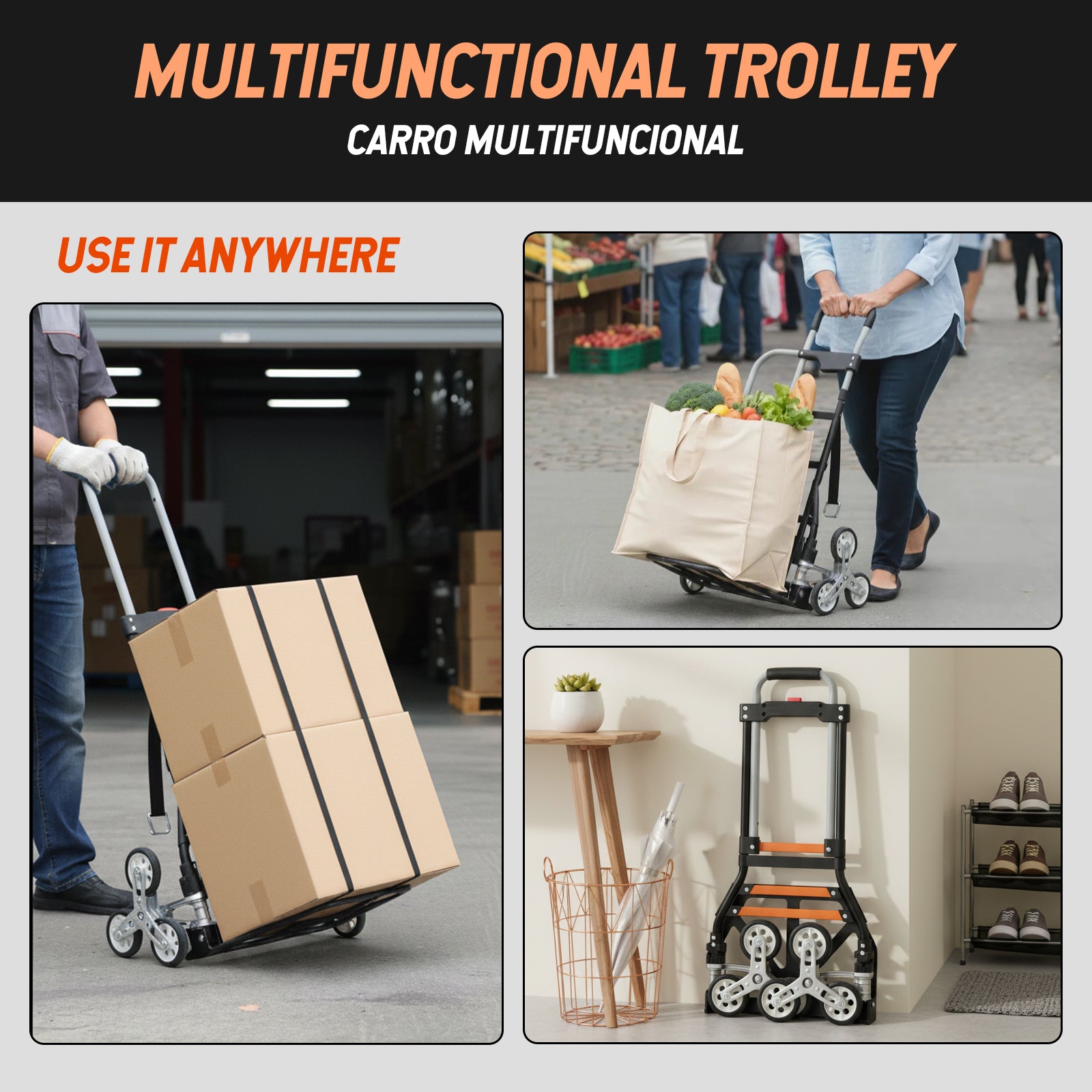 Foldable 6-wheel Stair Climbing Dolly | Black & Orange | Sekamtools