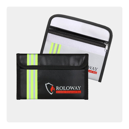 ROLOWAY SAFE Petit sac ignifuge avec bande réfléchissante (5 x 8 pouces) (noir et argent) 