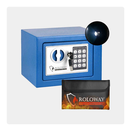 ROLOWAY SAFE Caja fuerte de acero pequeña para dinero para el hogar con bolsa de dinero ignífuga (azul) 