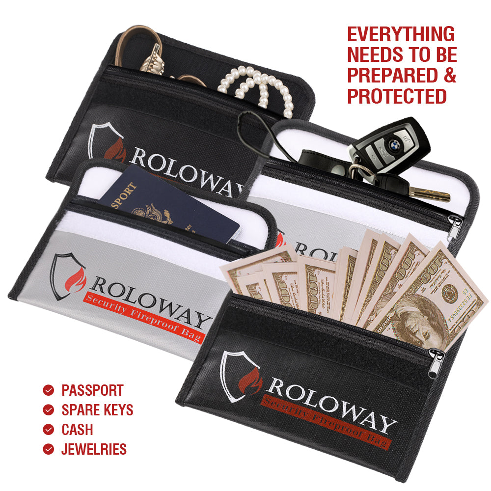 Bundle-ROLOWAY SAFE Fireproof Document Bags 2-Pack (13.4 x 9.8 inch) & Fireproof Money Bags (2-Pack)