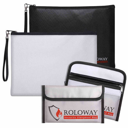 Bundle-ROLOWAY SAFE Fireproof Document Bags 2-Pack (13.4 x 9.8 inch) & Fireproof Money Bags (2-Pack Silver)