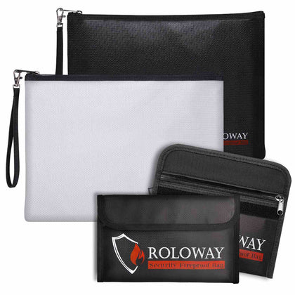 Bundle-ROLOWAY SAFE Fireproof Document Bags 2-Pack (13.4 x 9.8 inch) & Fireproof Money Bags (2-Pack Black)
