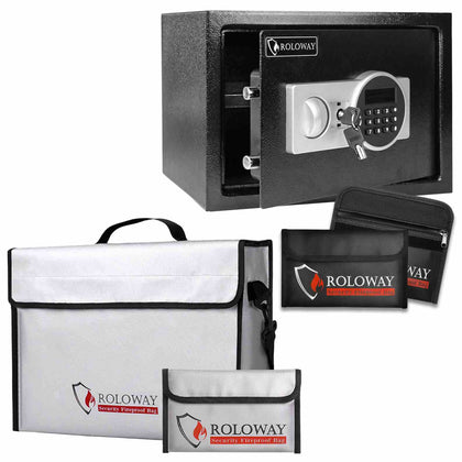 Bundle-ROLOWAY SAFE Grand coffre-fort avec 2 sacs à billets ignifuges et un grand sac à documents ignifuge (15 x 12 x 5 pouces)