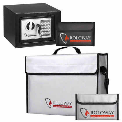 Bundle-ROLOWAY SAFE Steel Small Money Safe Box Black with Fireproof Money Bag for Cash and Large Fireproof Document Bag (15 x 12 x 5 inches)