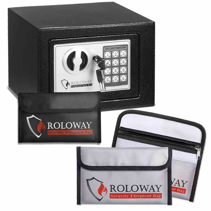 Bundle-ROLOWAY SAFE Steel Small Money Safe Box with Fireproof Money Bag for Cash and Fireproof Money Bags (2-Pack Silver)